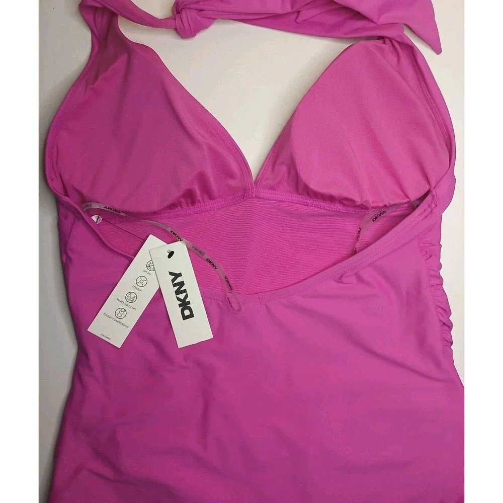DKNY Swimsuit Sz L Halter Tie Top Ruched Sides Hot Pink Padded UV Protection NWT - Picture 3 of 12